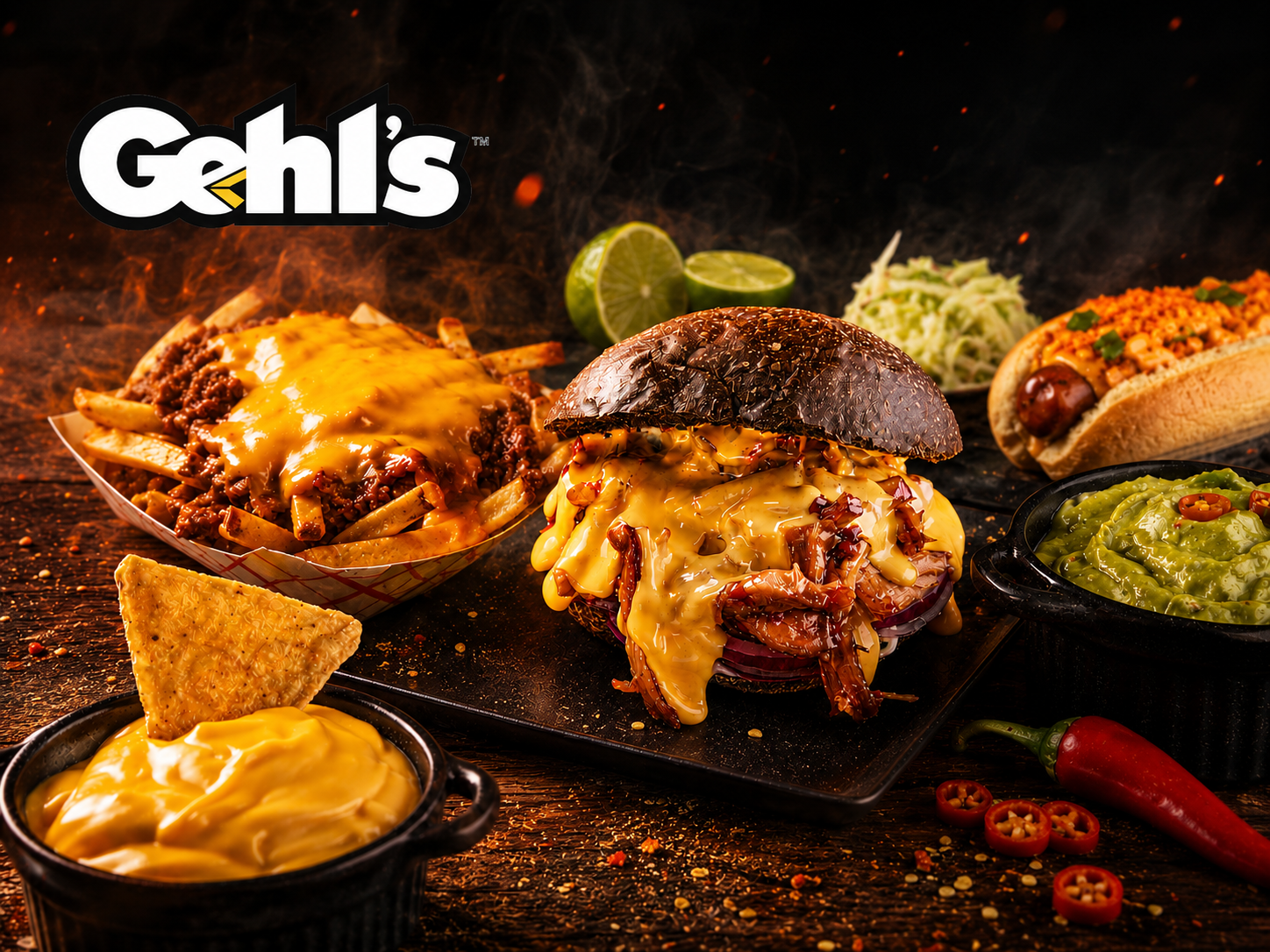 Aplicaciones institucionales GRI: hamburguesa, nachos con queso, chili fries y hot dog